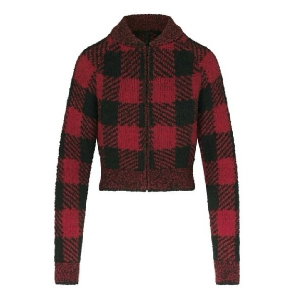 NWT SKIMS Cozy Knit Sweater Crop in Brick Buffalo Check